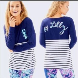 NWT Lilly Pulitzer Navy Striped Long Sleeve Top lobster sz L